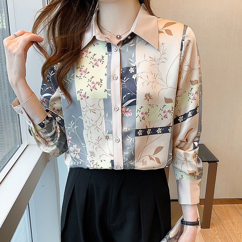 Áo sơ mi tay ngắn in hoạ tiết hoa phong cách cổ điển thời trang mùa thu cho nữ
