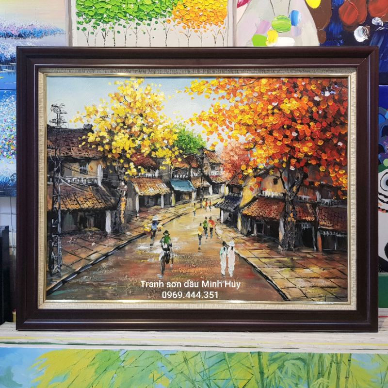 [ TRANH SƠN DẦU PHỐ CỔ HÀ NỘI ] 65X85cm_TRANH HỌA SỸ VẼ CỔ KÍNH VÀ HOÀI NIỆM