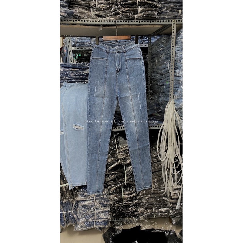 (Bigsize 32-36) Quần Dài Jeans BigSize, Quần Bò Cạp Cao THÂN NỐI Xanh Nhạt, Lưng Siêu Cao, Co Giãn Mạnh