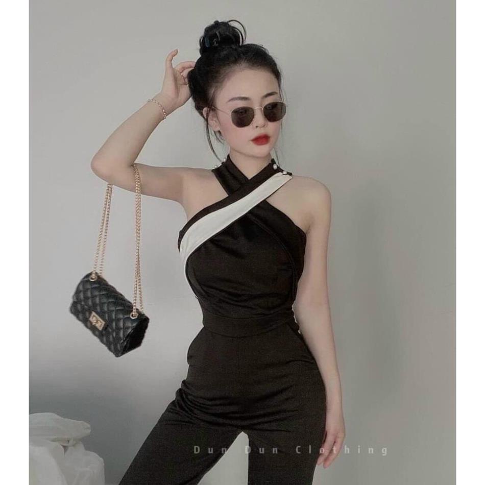 TBO-Jumpsuits Cổ Yếm Phối Trắng Đen Có Mút (Kèm Video Hình Thật) Tasa