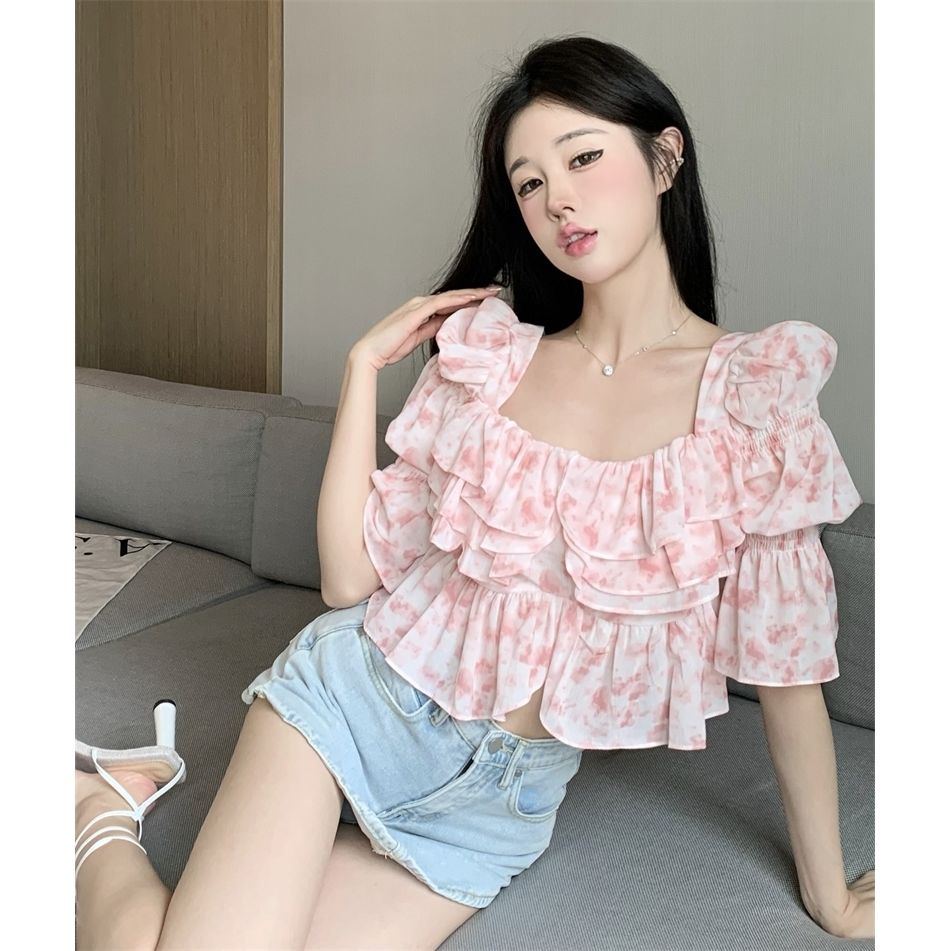 Áo Voan Hoa Trễ Vai Cổ Vuông Tay Phồng Thời Trang Cho Nữ