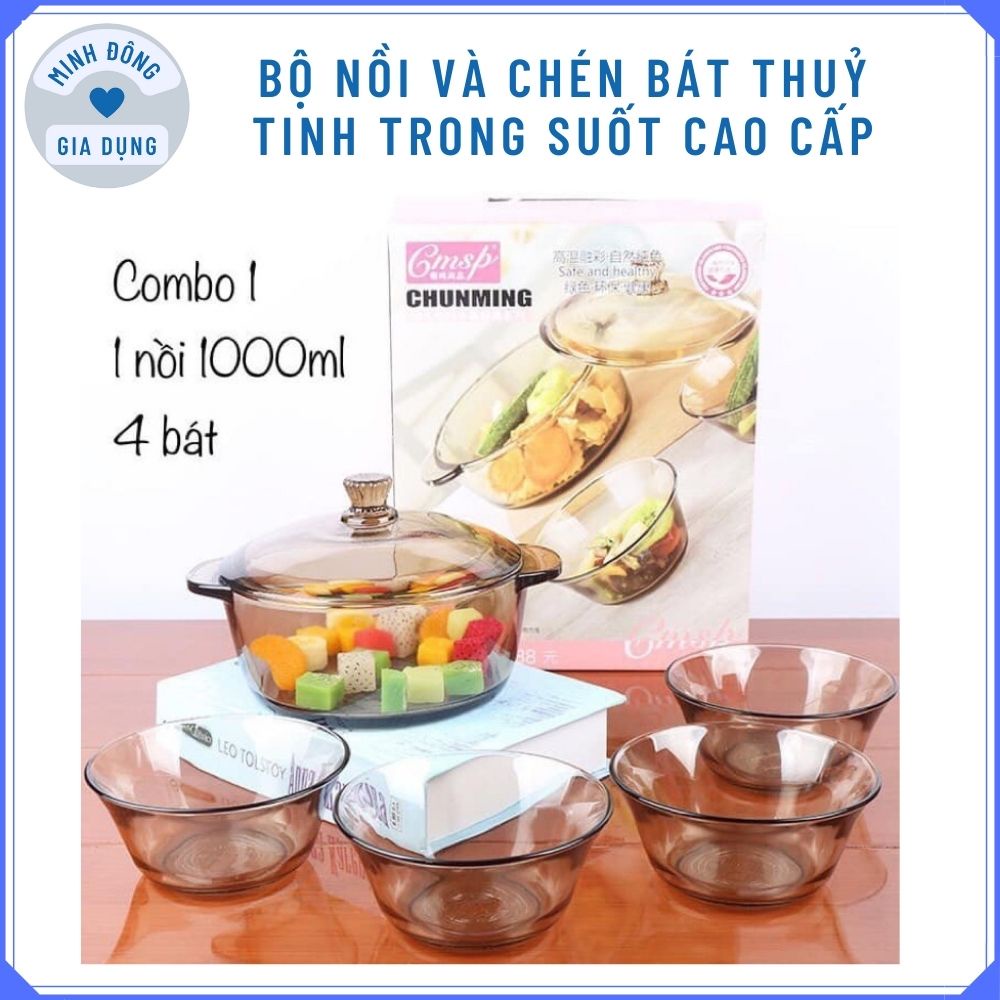 Bộ nồi thuỷ suốt 5 món trong suốt cao cấp phong cách Hàn Quốc cực sang, Bộ tô chén thuỷ tinh decor bàn ăn