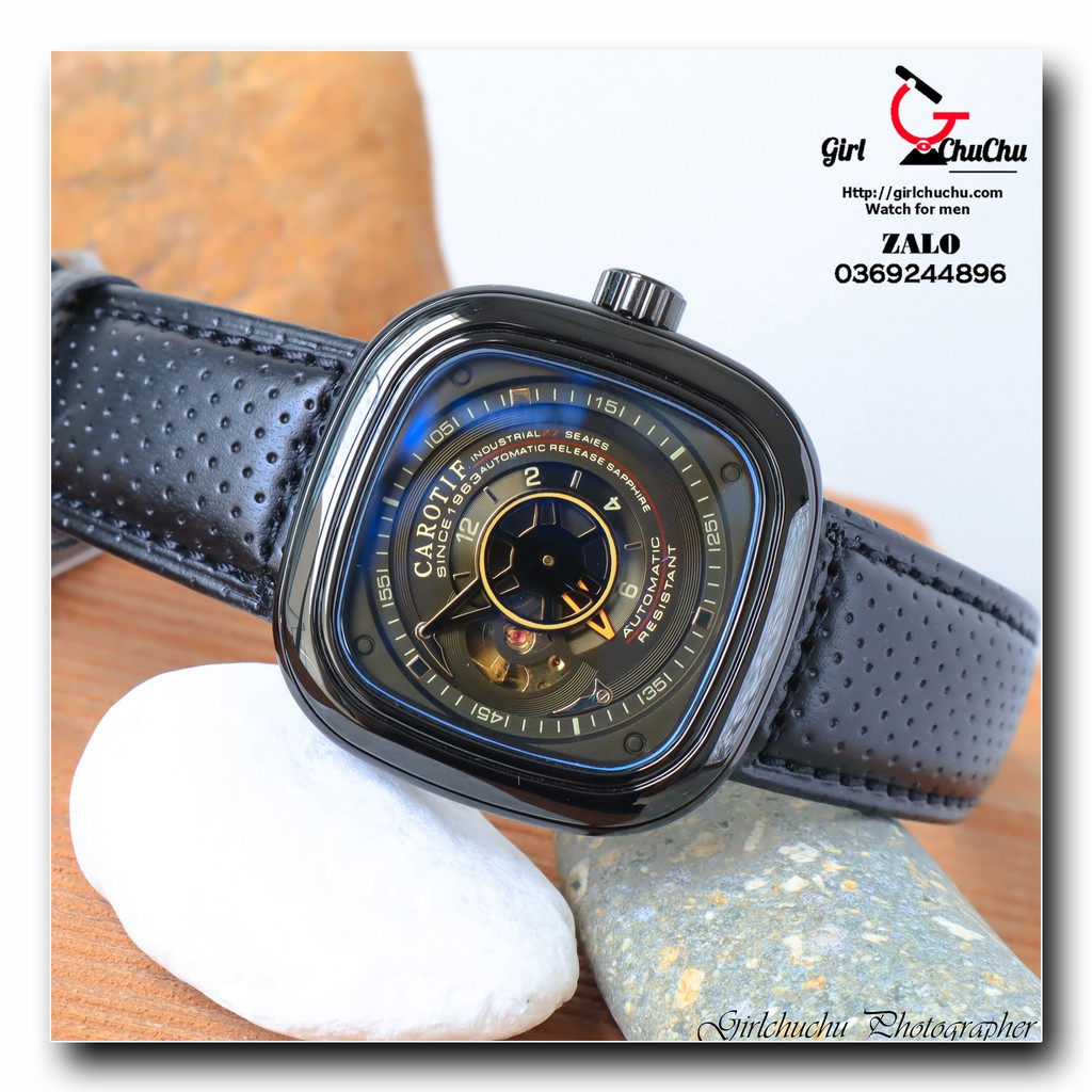 Đồng hồ nam Carotif cơ lợ máy với thiết kế phong cách thể thao mạnh mẽ cá tính, mặt vuông phong cách sang trọng