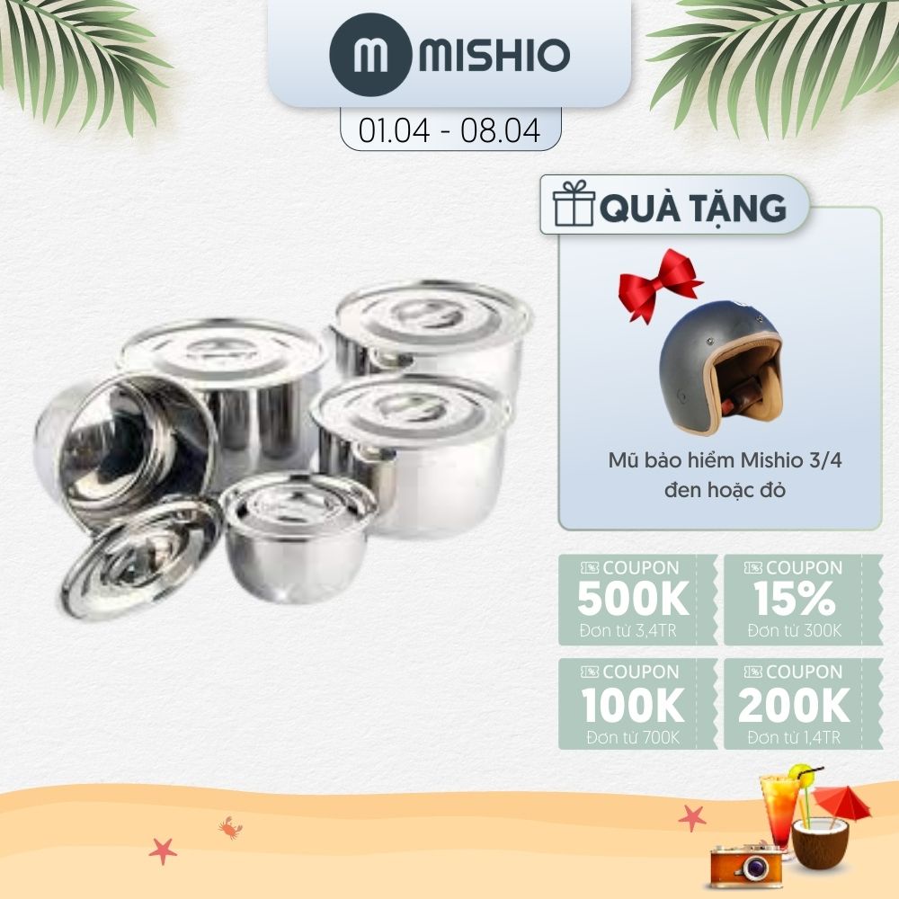 Bộ 5 nồi inox Mishio MK124 14/18/22/26/30 cm - dùng được trên bếp từ, đi kèm xửng hấp