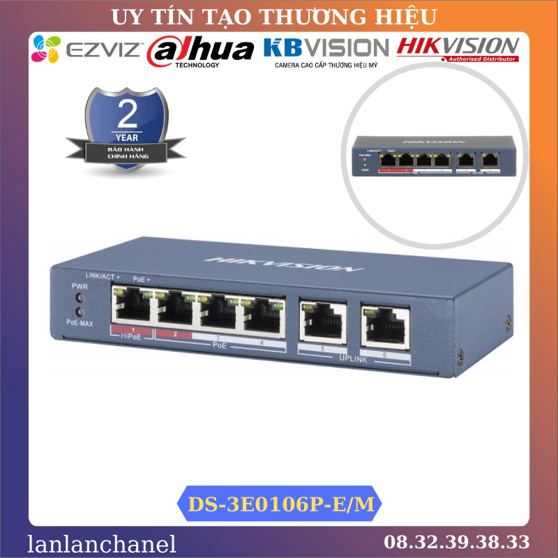 Switch chia mạng 4 cổng POE Hikvision DS-3E0106P-E/M, 2 cổng Uplink 10/100Mbps - BẢO HÀNH 24 THÁNG