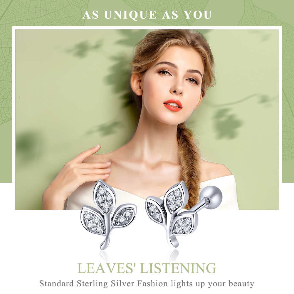 Hoa tai Bamoer kim loại hình lá xi bạc đính đá lấp lánh hợp thời trang