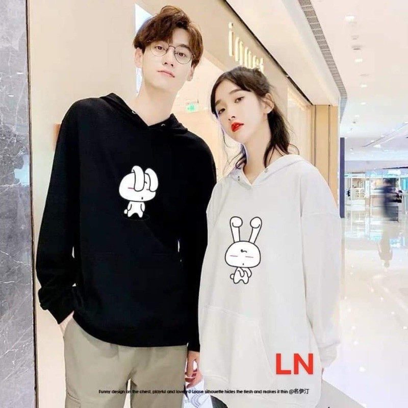 Áo đôi hoodie thỏ trắng cụp tai LN12