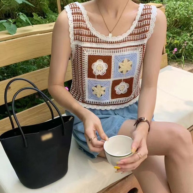 Áo Croptop Dệt Kim Sát Nách Thêu Họa Tiết Hoa Màu Sắc Tương Phản Thời Trang Mùa Hè Cho Nữ