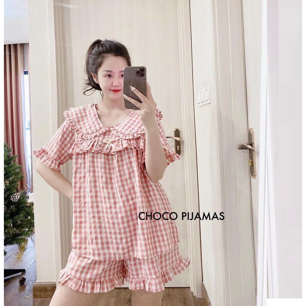 Bộ bầu đùi babydoll cổ bèo kẻ caro cực trẻ trung xinh xắn, chất đũi kẻ cao cấp mềm nhẹ mát
