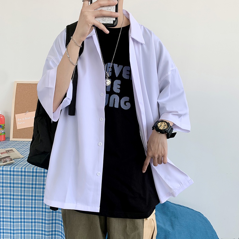 Áo sơ mi nam tay ngắn dáng rộng màu trơn phong cách Hàn Quốc thời trang mùa hè năng động