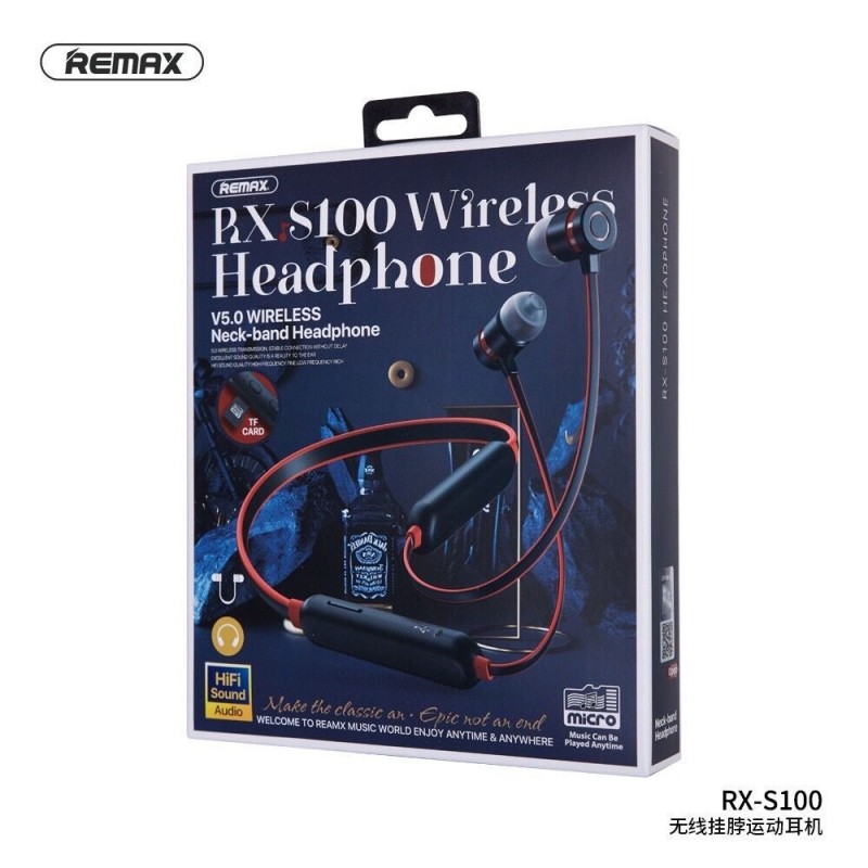 Tai nghe bluetooth Remax RX-S100 Neck-band Sports V5.0, pin dùng 10H, có khe gắn thẻ nhớ