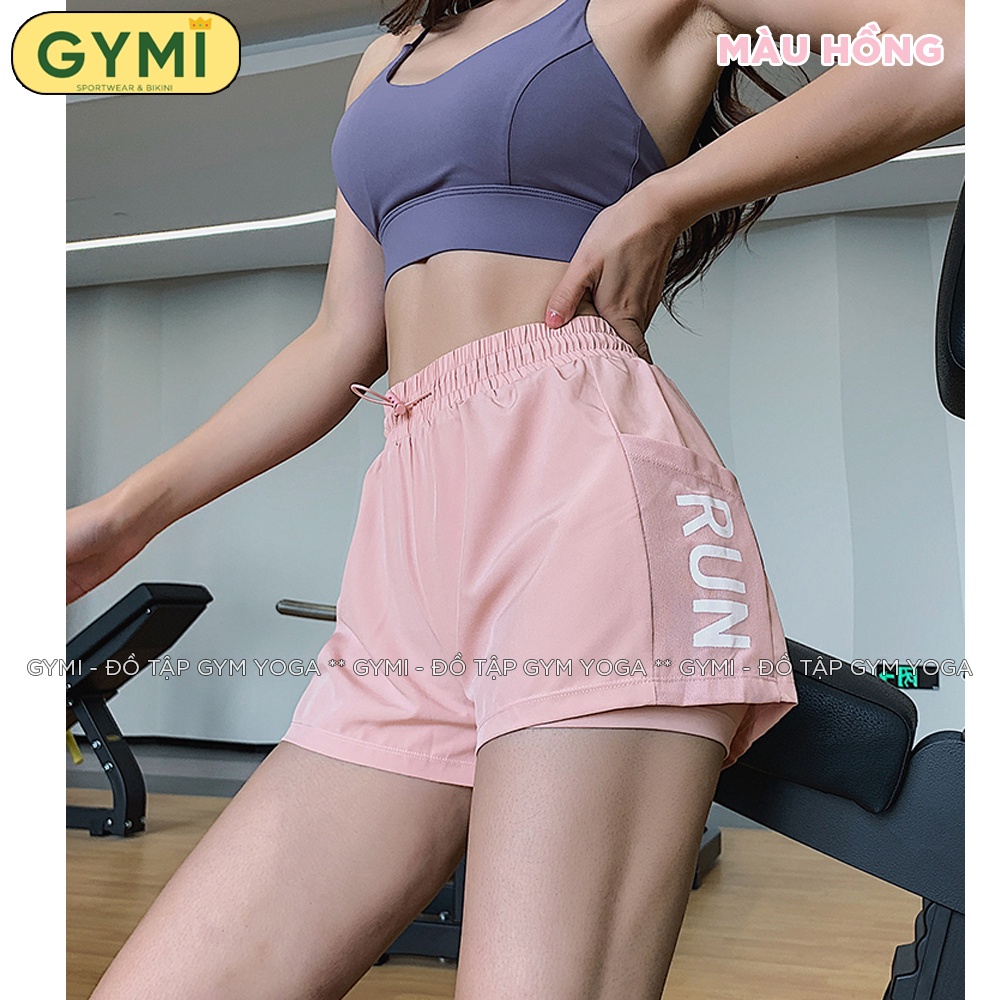 Quần tập gym yoga nữ GYMI QS15 dáng đùi short 2 lớp thể thao chât thun lạnh phối lưới chạy bộ co giãn