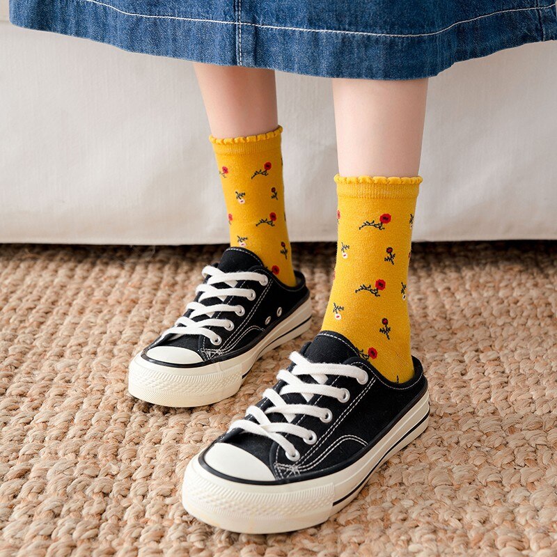 Tất cotton dệt kim ấm áp họa tiết bông hoa màu sắc ngọt ngào giản dị thời trang sinh viên Hàn Quốc