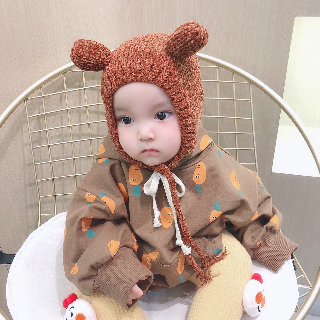 Nón len 2 sừng nâu cột dây đáng yêu cho bé