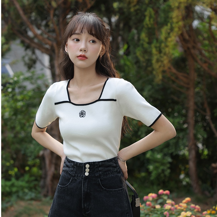 Áo dệt kim ZHELIHANGFEI ngắn tay cổ vuông thêu họa tiết xinh xắn