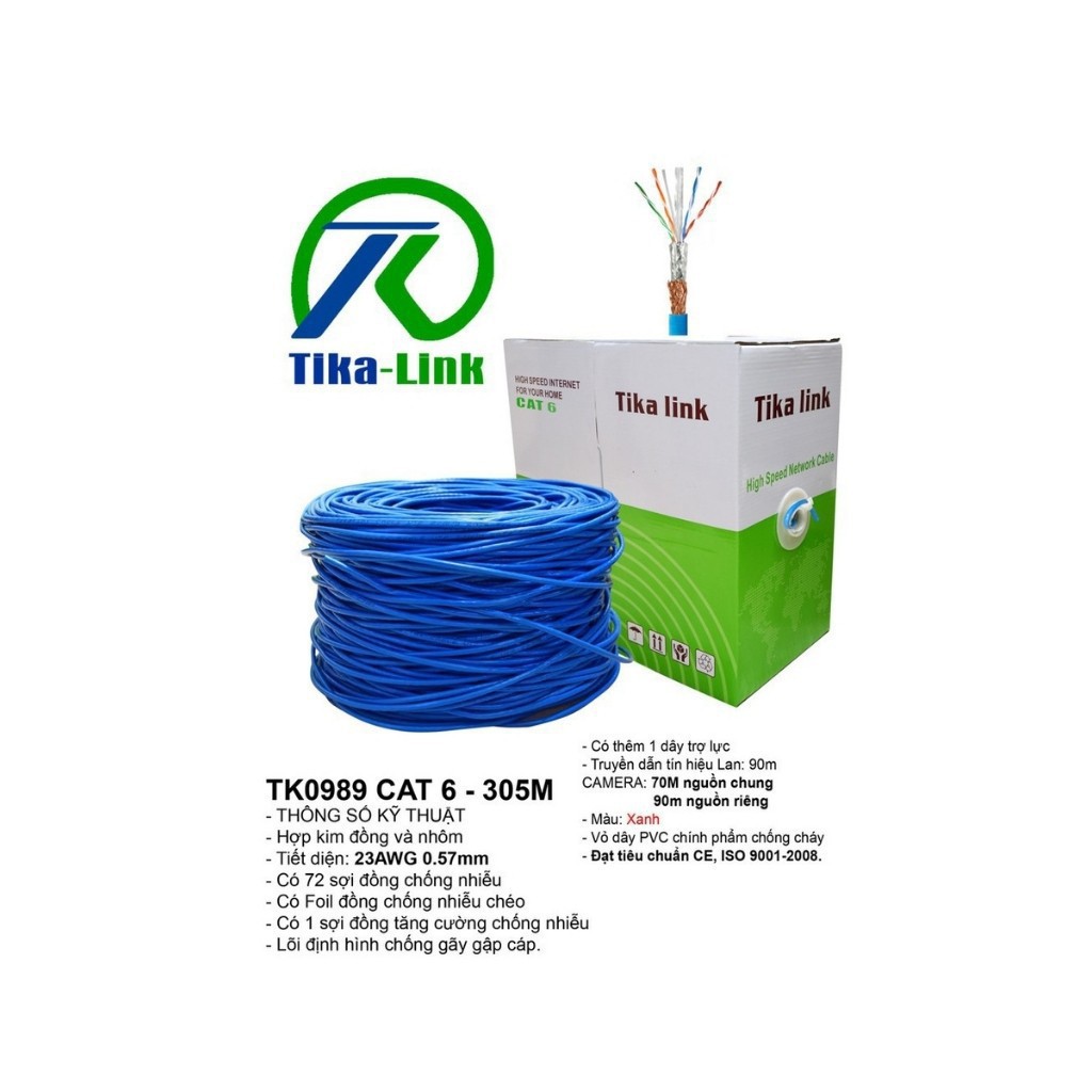 Dây cáp mạng cat 6 TiKa-Link 0986 full 305m LÕI ĐỒNG NGUYÊN CHẤT - Hàng chính hãng