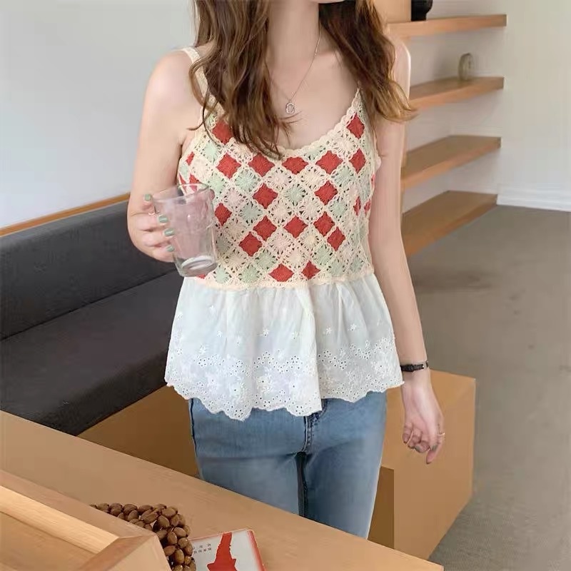 MS604 Áo hai dây kiểu đan móc hình thoi phối màu