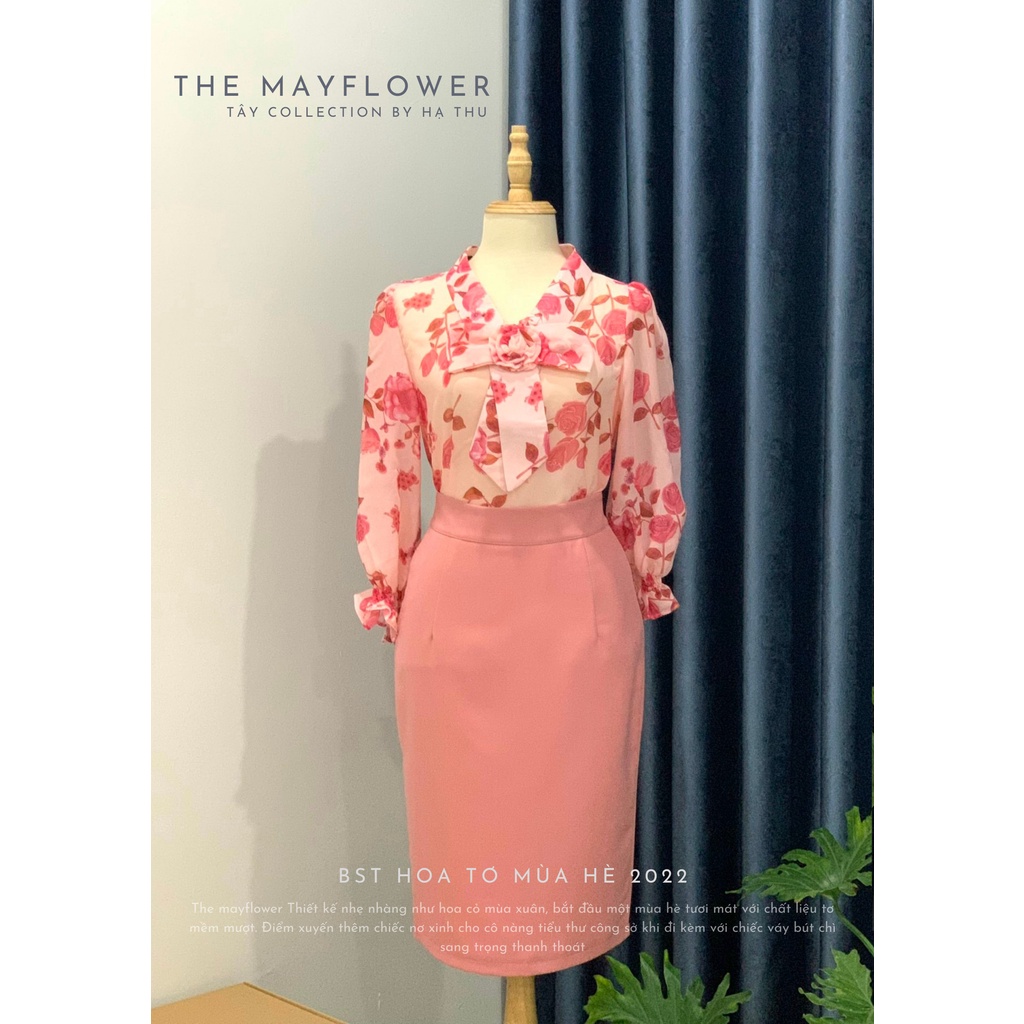 Sơ mi tơ hoa phối nơ ngực cao cấp Tây Collection
