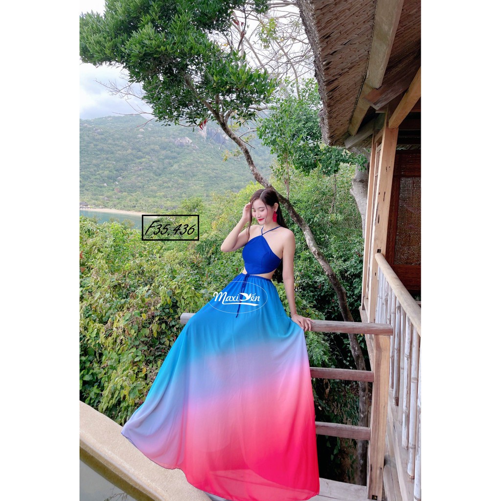 F35.436 ĐẦM MAXI YẾM XANH COBAN KHOÉT EO ĐAN LƯNG MAXI YẾN LEMITA
