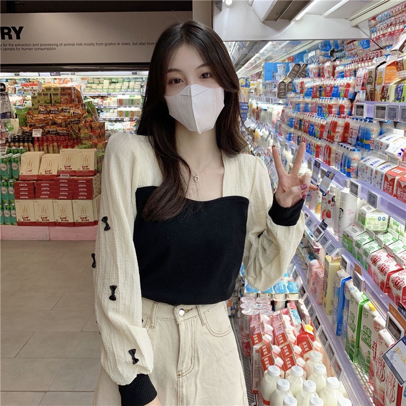 Áo kiểu tay dài cổ vuông thiết kế mới thời trang theo phong cách pháp dành cho nữ