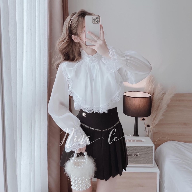 Sơ Mi Trắng Phối Bèo Tiểu Thư Có Lót Trong (Hình thật) Áo Sơmi Voan Nữ Cổ Tay Bèo
