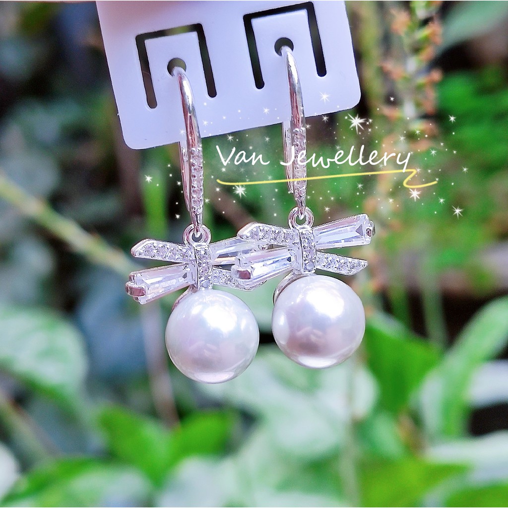 Bông tai bạc ta 925 Bông Nơ đính đá mix Ngọc Trai nhân tạo Van Jewelry V10393