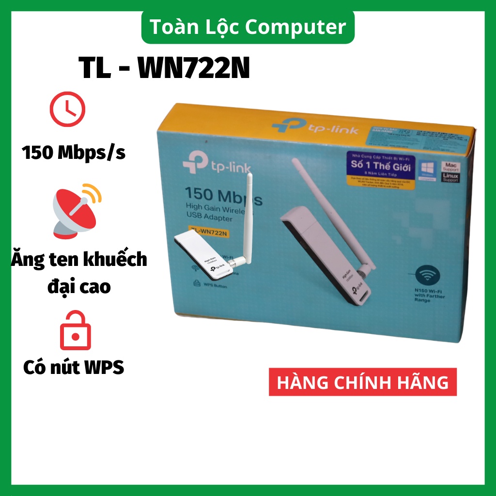 Cục thu wifi TP link 722N cho máy tính bàn pc laptop tốc dộ 150mbps hàng chính hãng bảo hành 24 tháng