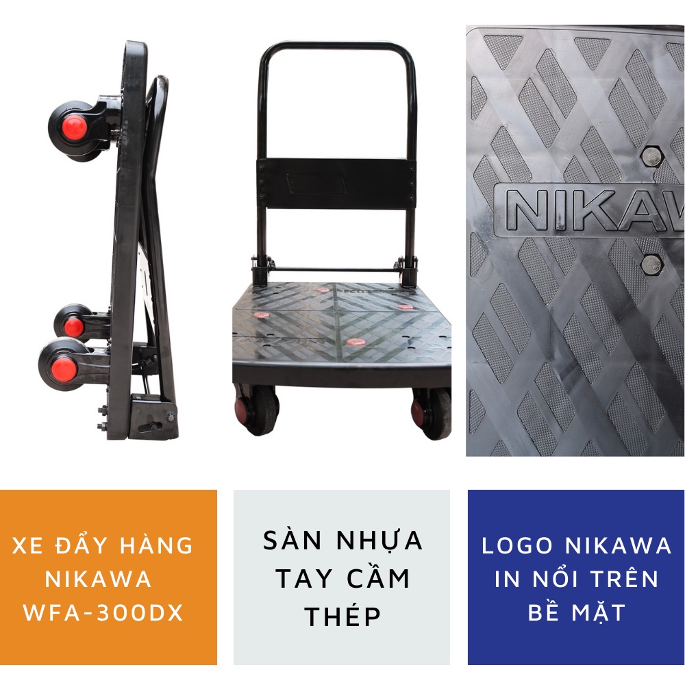 Xe đẩy hàng kéo hàng 4 bánh cao su chống ồn gấp gọn Nikawa WFA-300DX, tải trọng 300kg, giao hỏa tốc Hà Nội