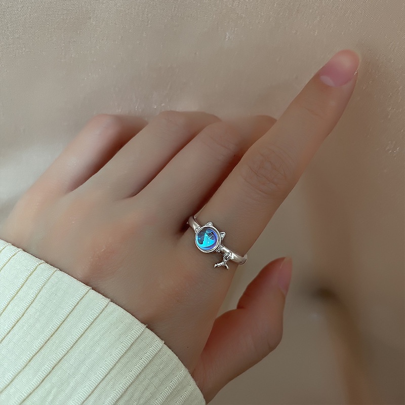 Nhẫn có thể điều chỉnh Nhẫn thời trang mèo dễ thương Nhẫn nữ mặt trăng Hàn Quốc