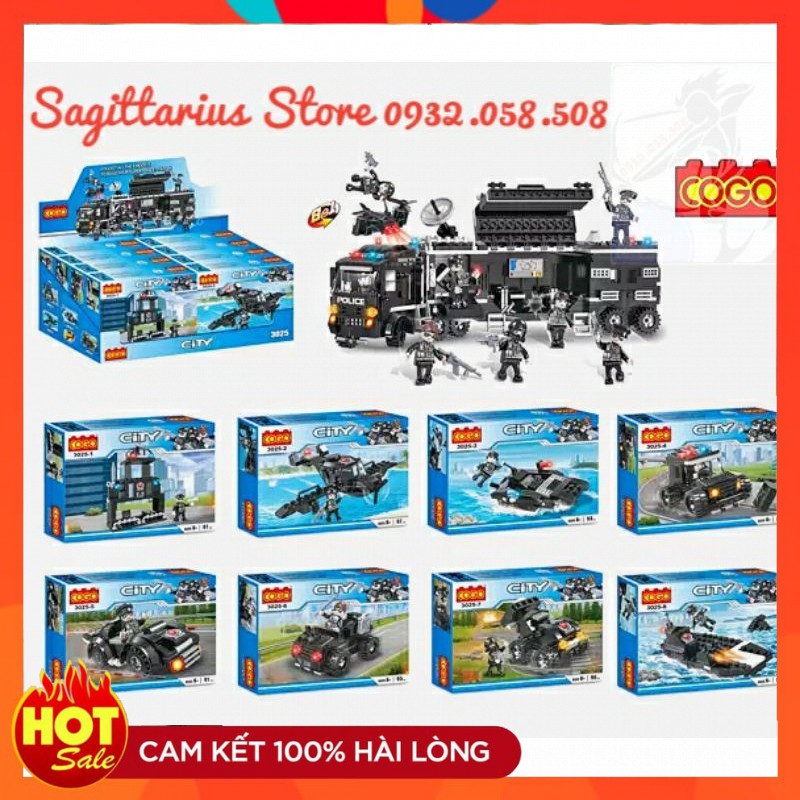 Bộ Lego Cogo 3025 - 8 in 1 Lắp Ráp Các Phương Tiện Chiến Đấu Hoặc Kết Hợp Thành Xe Tình Báo Swat ( 732 Mảnh )[ HOT ]