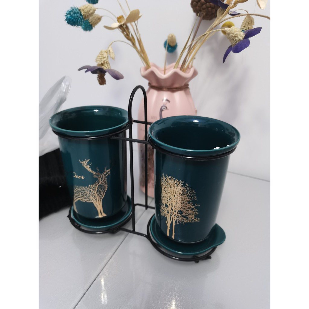Hộp đựng đũa sứ, thìa, muỗng sứ dán tường &amp; đặt bàn - màu xanh ngọc lục bảo (xanh cổ vịt)