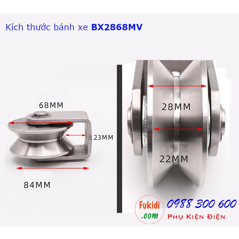Bánh xe cửa cổng ray U/V inox 304 kích thước 28x68mm tải 480kg - BX2868MU | BX2868MV