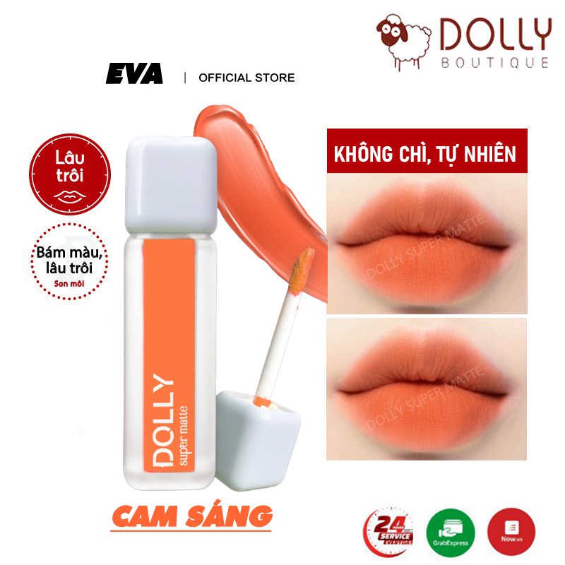 Son kem lì màu cam sáng Dolly super matte, son kem lì không chì bền màu lâu trôi, mua 2 cây tặng 1 hộp đựng cao cấp