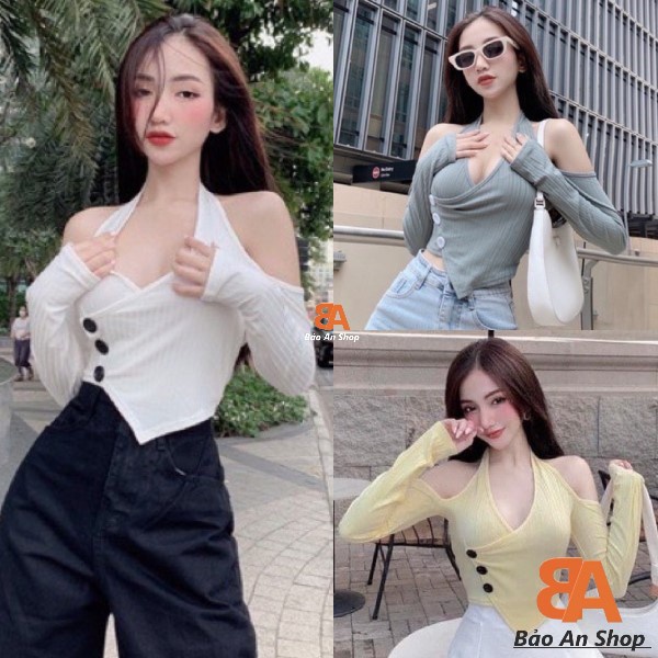 Áo kiểu nữ bệt vai croptop phối nút to tà nhọn tay dài chất vải thun gân len 4 chiều FreeSize (Bảo An Shop)