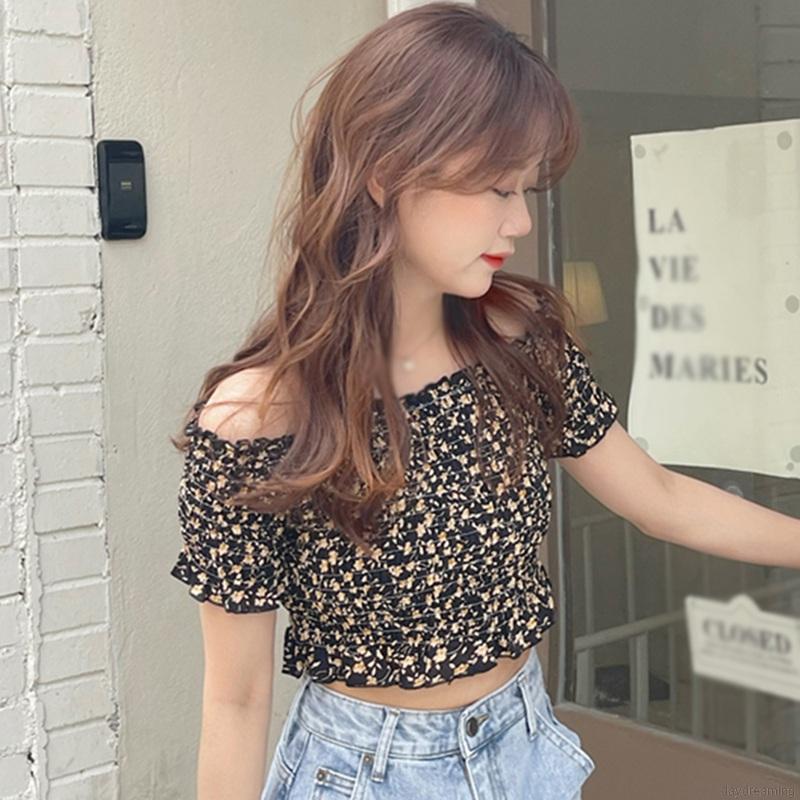Áo Croptop Chất Chiffon Hoạ Tiết Hoa Thiết Kế Trễ Vai Quyến Rũ