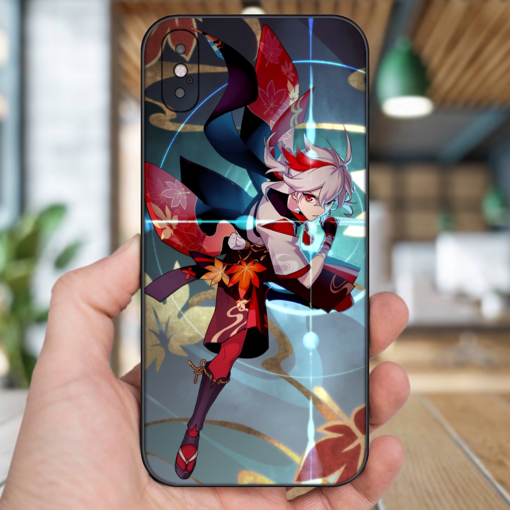 Ốp lưng iPhone X, Xs dẻo đen cạnh vuông in hình Kazuha Genshin Impact