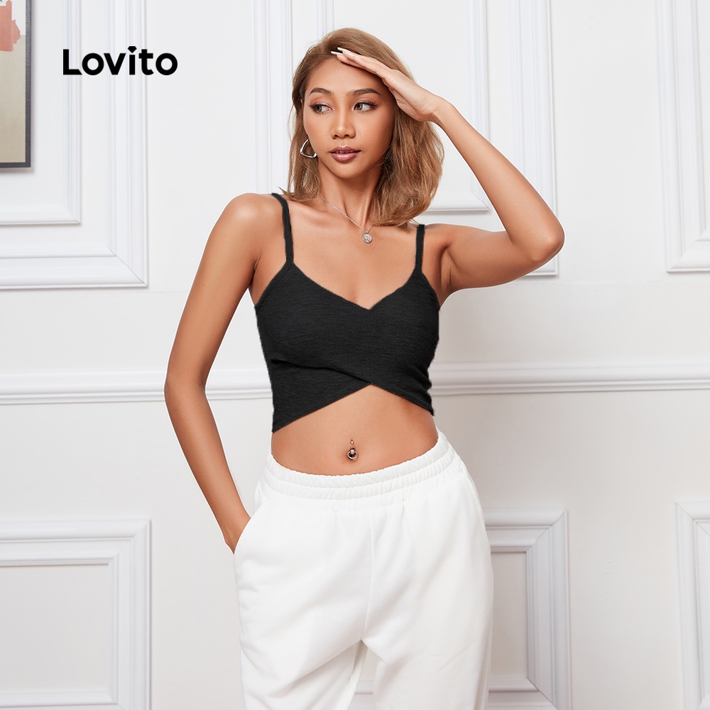 Áo ngực thể thao Lovito màu trơn đơn giản kiểu đan chéo L08071 (màu đen/xám)