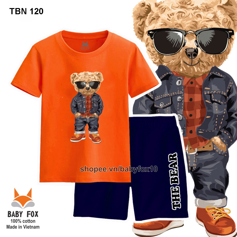 Bộ thun bé trai 100% cotton loại tốt, thương hiệu BABY FOX, in hình gấu, size nhỏ, trung, đại a