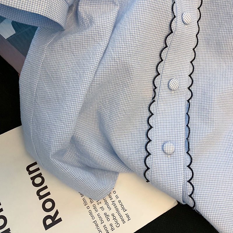 Áo Sơ Mi Ngắn Tay Cổ Búp Bê Phối Ren Màu Xanh Dương Thời Trang Mùa Hè Mới Cho Nữ