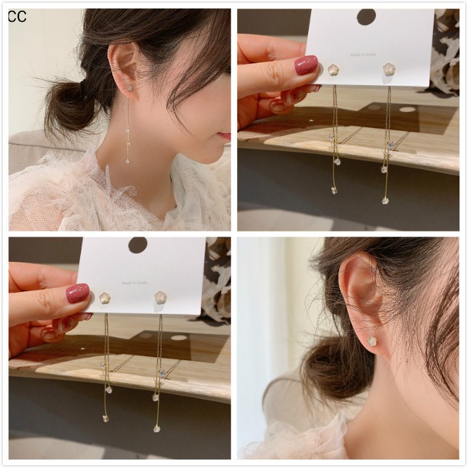 Hoa Tai Dáng Dài Hình Hoa Phối Tua Rua Phong Cách Hàn Quốc