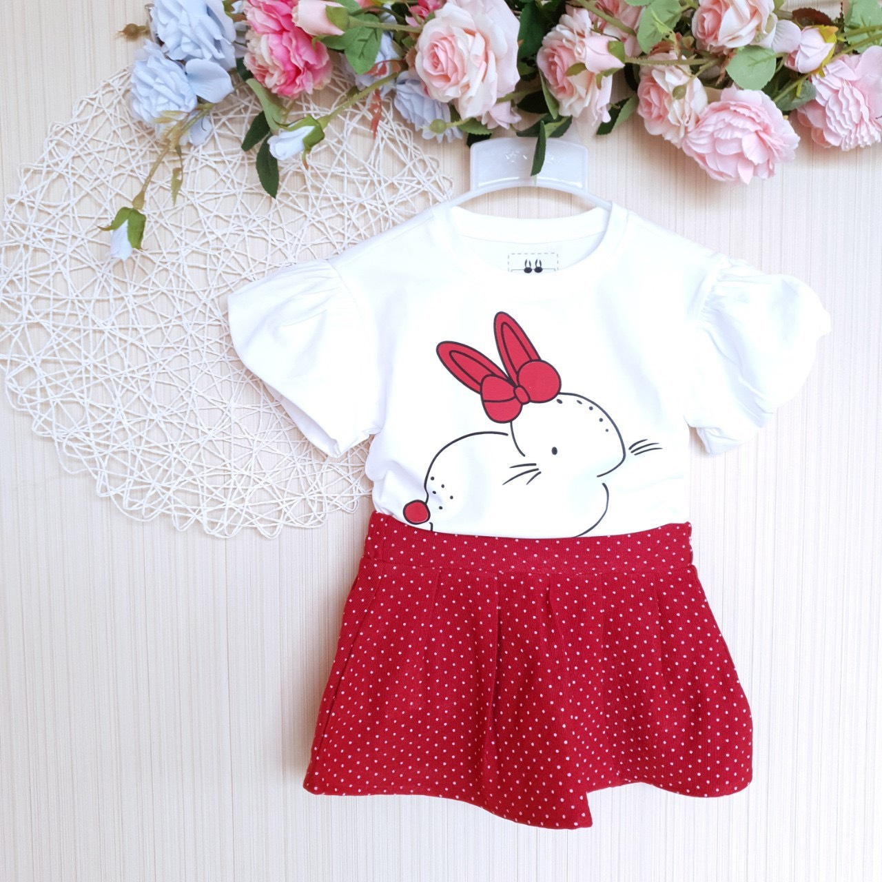 SIZE 3-16 (10-40KG) SET ÁO VÁY BÉ GÁI VẢI THUN COTTON 4C IN HÌNH THỎ CỰC XINH