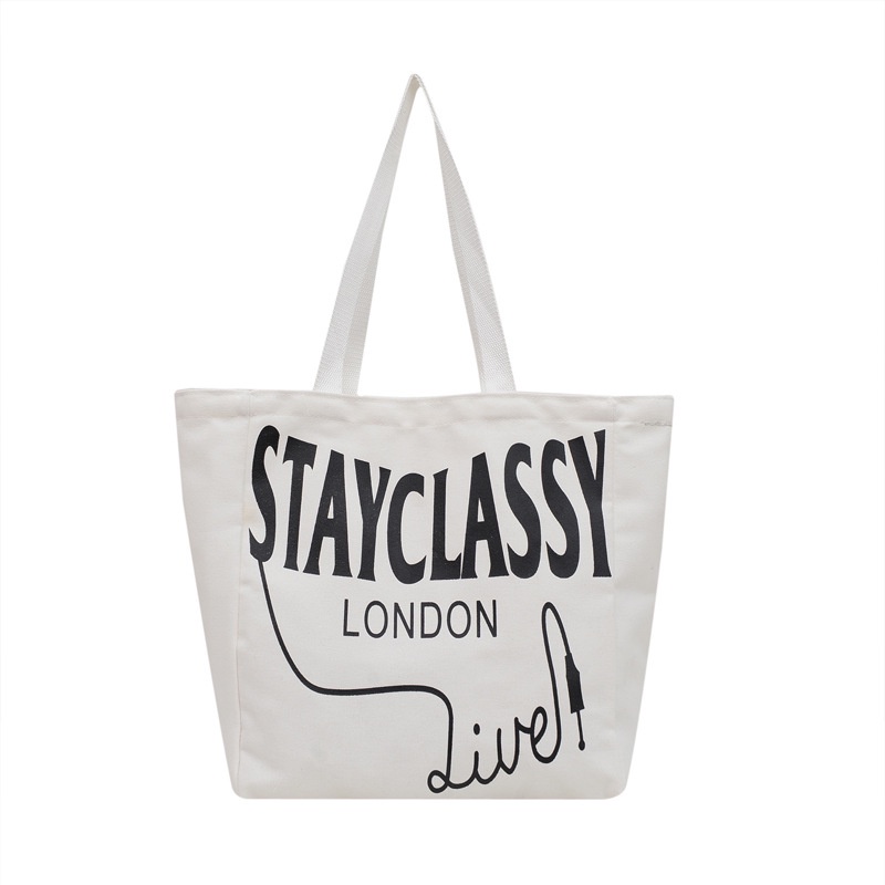Túi tote vải canvas ulzzang unisex đi học đi làm có khoá miệng, có ngăn phụ in chữ STAYCLASSY màu be