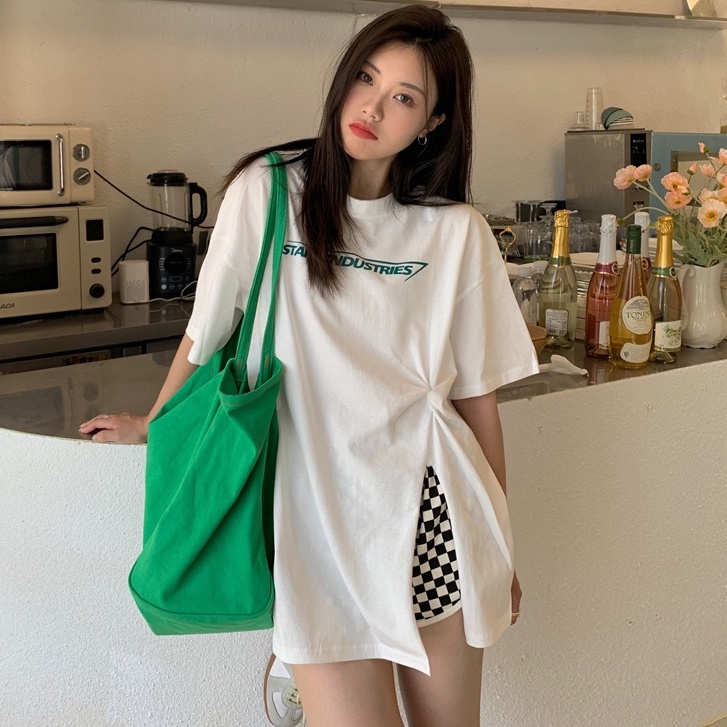 Áo Thun Tay Ngắn Cổ Tròn Xẻ Tà In Họa Tiết Thời Trang Mùa Hè Cho Nữ