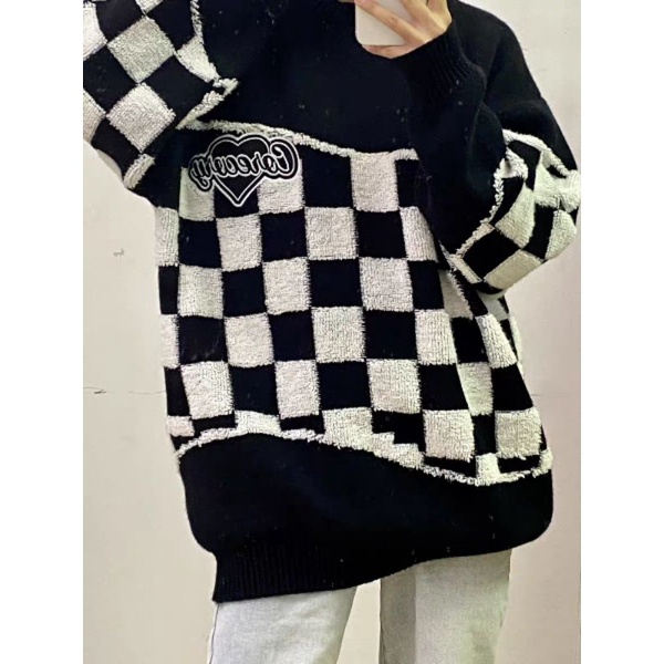 Áo len unisex kiểu Hàn phối patchwork họa tiết caro bàn cờ hot trendy chữ thêu Correcy có size