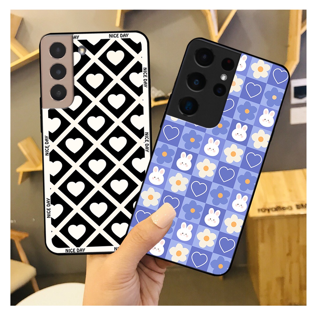 Ốp lưng Samsung S21 - S21 FE - S21 Plus - S21+ / S21 Ultra in hoạ tiết caro trái tim đen trắng, gấu bear cute đáng yêu
