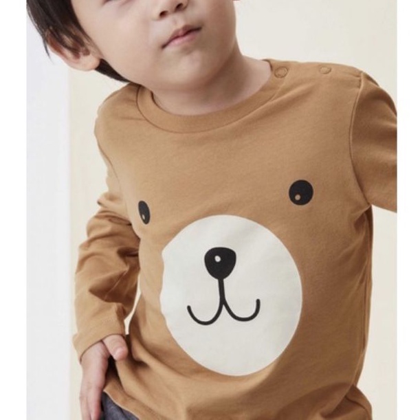 Áo thun bé unisex H&M KIDS xuất xịn thun cotton cổ tròn tay dài in hình gấu, sọc ngang