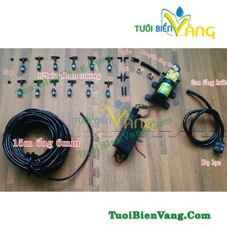 Bơm và nguồn 12v kèm 12 béc phun sương tưới lan