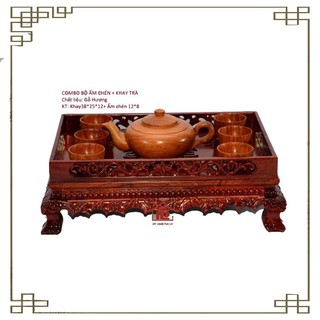 Combo Khay trà rồng chân quỳ+ấm chén trơn gỗ hương Giá rẻ