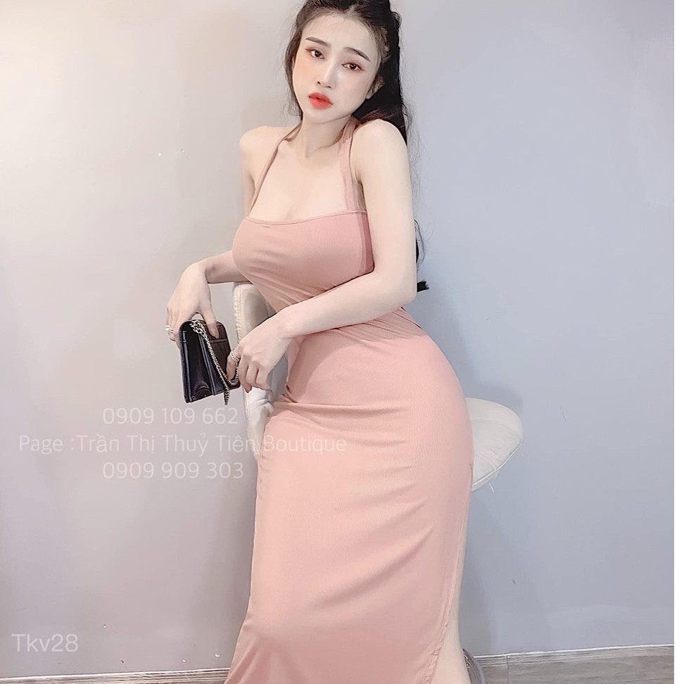 Đầm body yếm xẻ tà cực sexy chất thun thái cực xịn