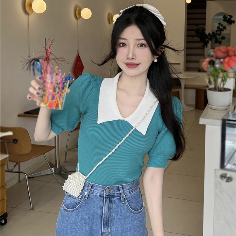 Áo Dệt Kim Tay Phồng Ngắn Phong Cách Retro Thời Trang Cho Nữ